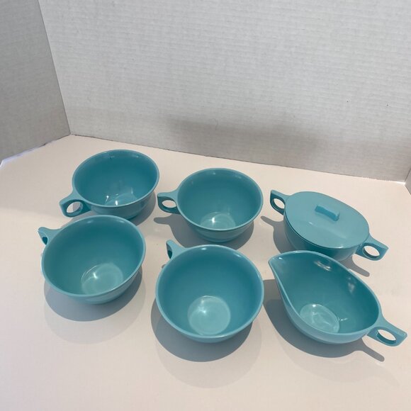 Vintage MELMAC creamer sugar and 4 cups Reto Made in Canada Turquoise - Picture 1 of 8